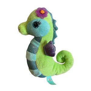 First Main Blue and Glitter Green Seahorse Plush With Pink Flower 9”